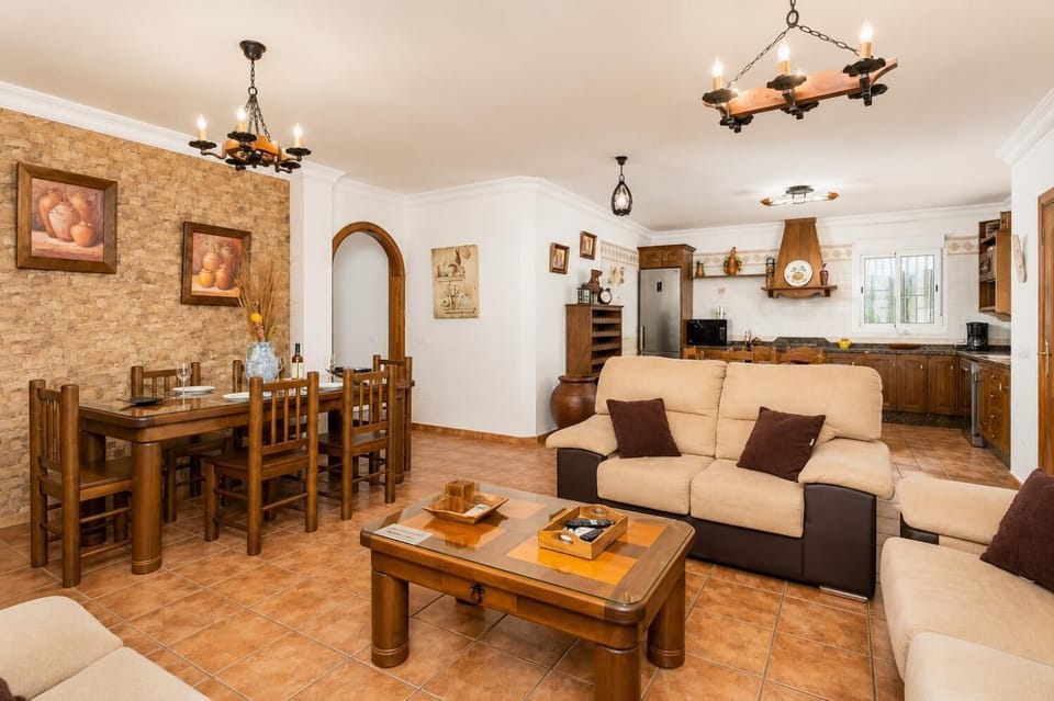 Open-plan living room with sofas, dining area, kitchen, ornamental fireplace, A/C, WiFi internet, and satellite TV