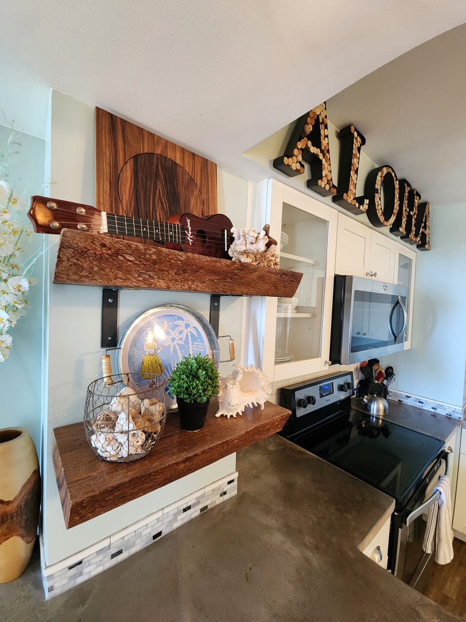 Local, upcycled material and mango wood raw edge shelves