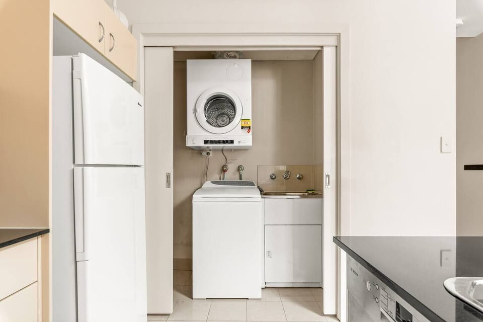 A laundry with washer and dryer gives you the option to catch up on laundry for longer stays.