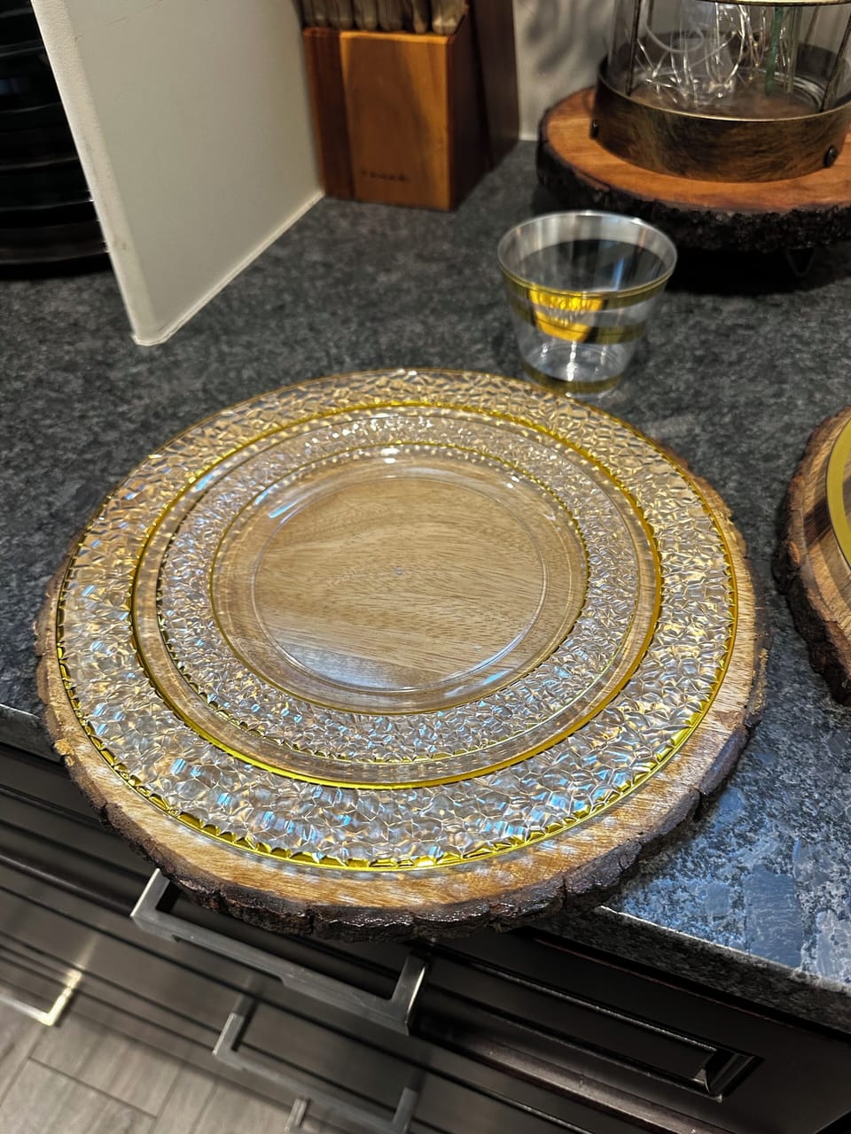 Wood charger plates - part of event package. Plastic plates are not included.
