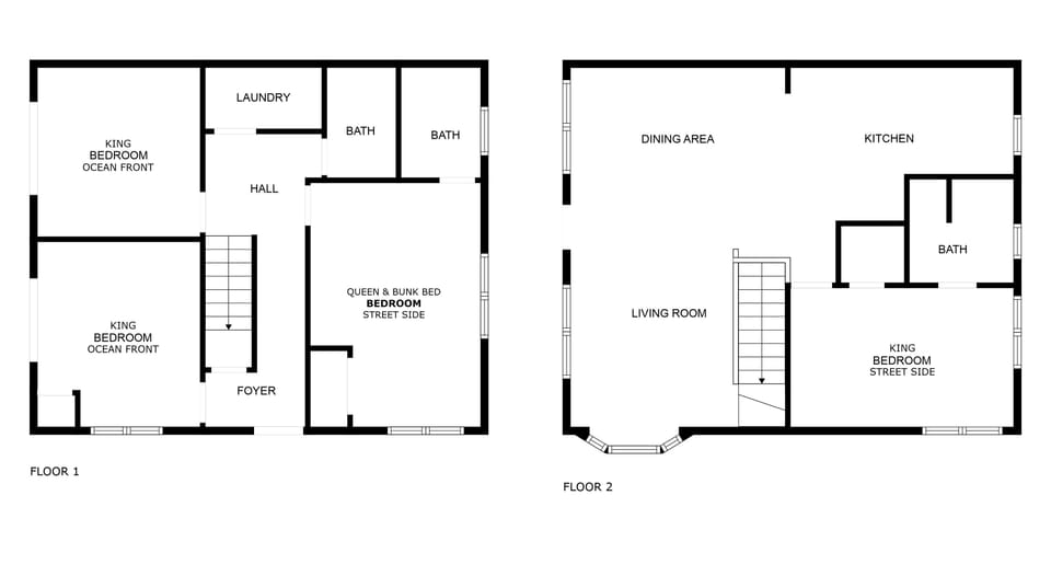 Detailed floor plan shows spacious two-story layout with multiple bedrooms, full kitchen, and ocean-front rooms for your perfect getaway.