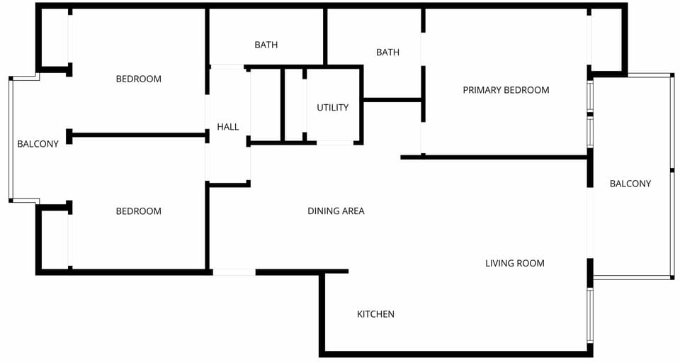 A spacious floor plan features three bedrooms, two bathrooms, a full kitchen, separate dining and living areas, utility room, and dual balconies for your comfort.