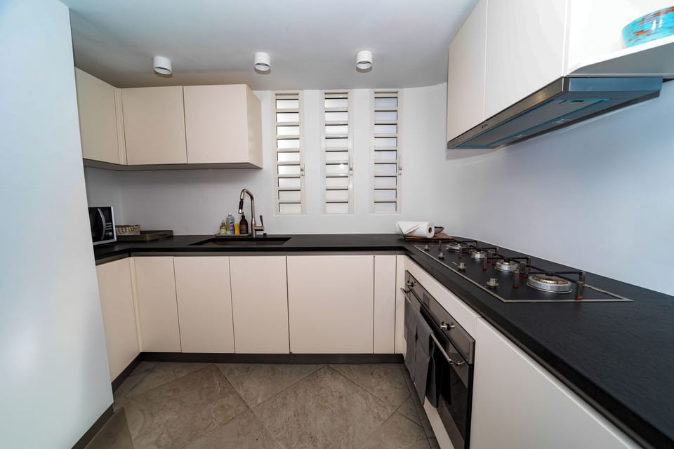 Fully equipped kitchen with a central island, four stools. Refrigerator, freezer, oven, blender, filter coffee maker and Nespresso coffee machine, toaster.
