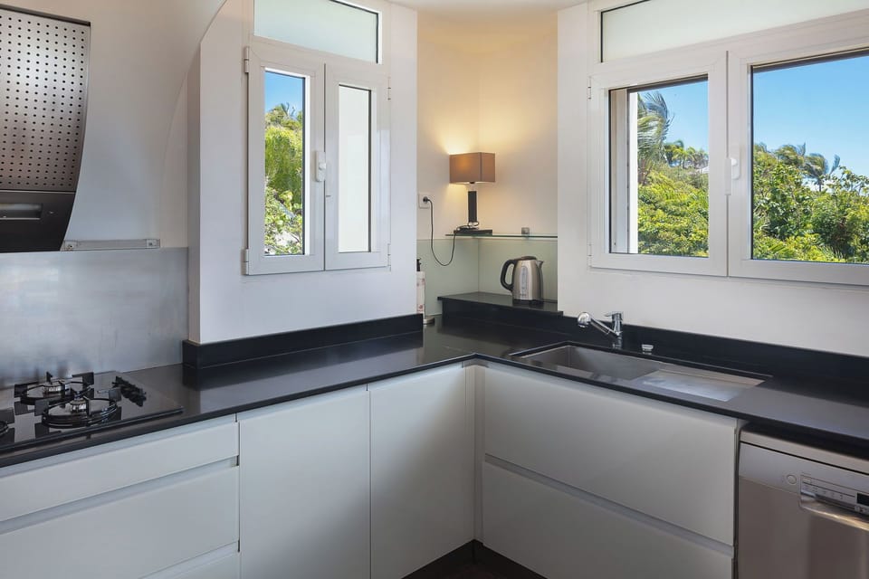 Fully equipped kitchen, fridge and freezer with ice machine, cooking range with gas burners, hood, microwave, dishwasher, filter coffee maker and espresso coffee machine, wine cooler, toaster. Outdoor dining table on the covered terrace. 