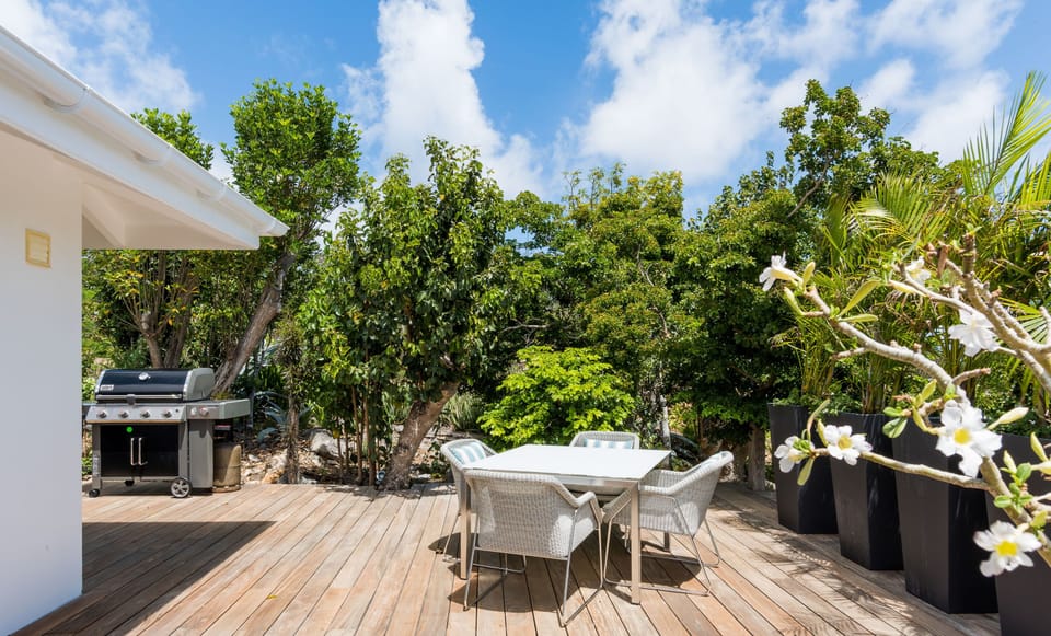 Fully equipped kitchen, breakfast bar, mixer, ceiling fan, standard coffee maker, dishwasher, espresso machine, freezer, gas stove, ice maker, microwave, toaster, oven. Outdoor dining area with a large wooden table for eight people.