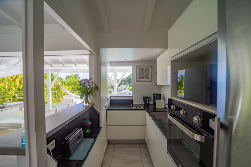 Fully equipped outside kitchenette with electric oven and stove, fridge and freezer, dish washer, microwave, toaster, regular filter coffee machine and Nespresso machine, electric kettle. Large dining table on the covered terrace for 6 guests.