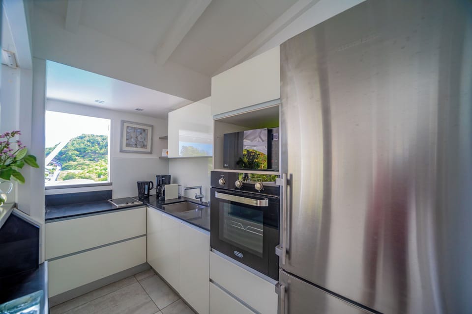 Fully equipped outside kitchenette with electric oven and stove, fridge and freezer, dish washer, microwave, toaster, regular filter coffee machine and Nespresso machine, electric kettle. Large dining table on the covered terrace for 6 guests.
