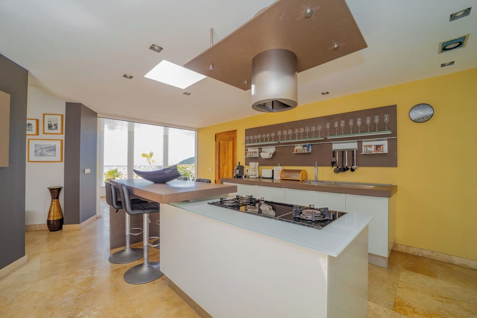 Modern and fully-equipped kitchen with stainless steel appliances, De Dietrich hobs, Siemens oven, ice maker, wine cooler, fridge, freezer, dishwasher, microwave,blender, Nespresso coffee machine, juice maker machine, toaster. 