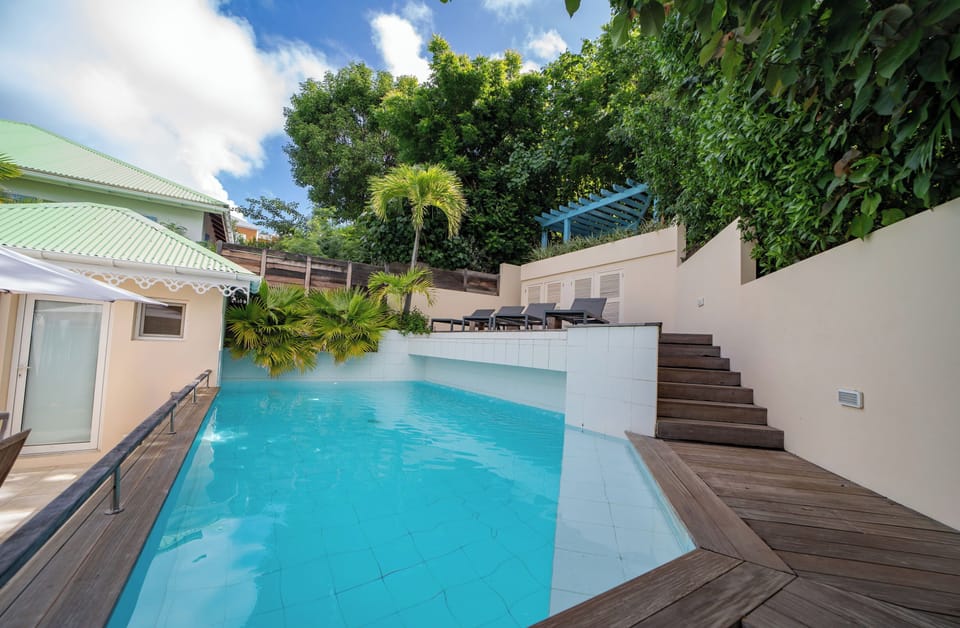 Pool, sun-beds, outdoor dining table, charcoal barbecue. 