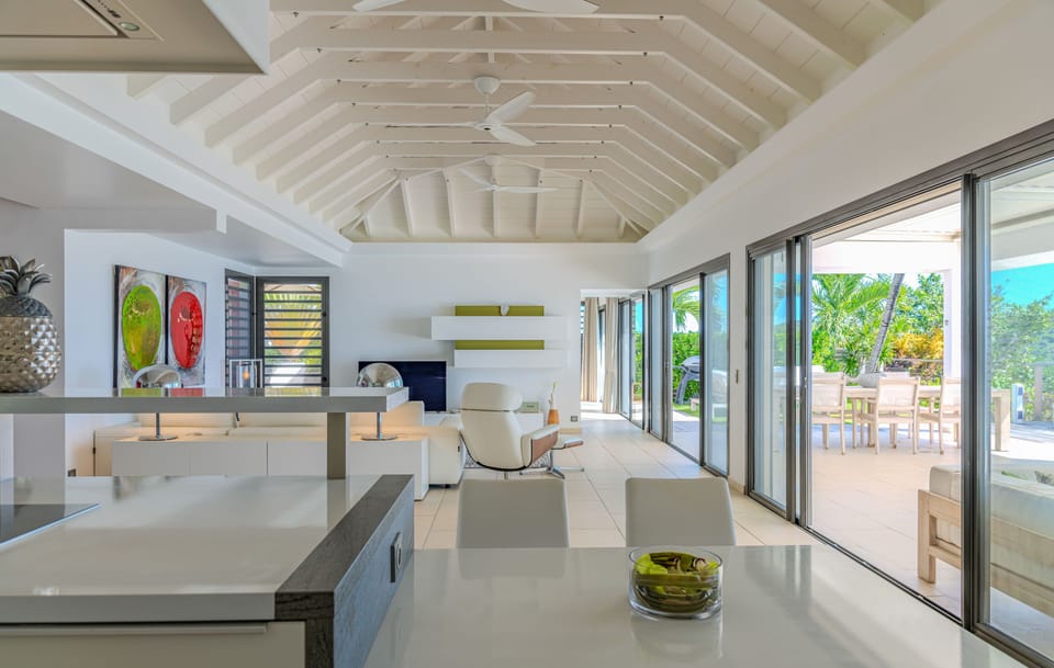 Fully equipped with gas oven and stove, microwave, fridge and freezer, ice maker, wine cellar, Nespresso machine, toaster, dishwasher, ceiling fan, electric kettle, Sonos sound system. Outdoor gas barbecue. Outdoor dining table on the covered terrace. 