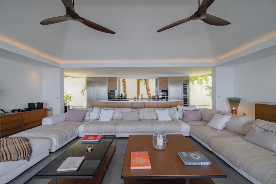 Air conditioning, HD-TV, Dish Network, DVD player, iPod docking station, stereo. The living room opens onto the expansive terrace and the panoramic views. 