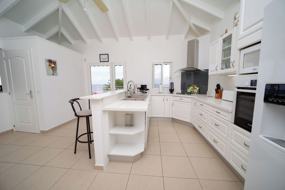 Fully equipped kitchen with breakfast bar. Refrigerator, freezer with ice maker, oven, microwave, filter and espresso coffee maker, electric kettle, juicer, blender, dishwasher, toaster. Dining table on the covered terrace. 
