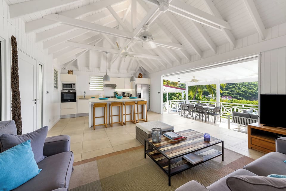 Ceiling fan, HD-TV, Dish Network, Apple TV. 