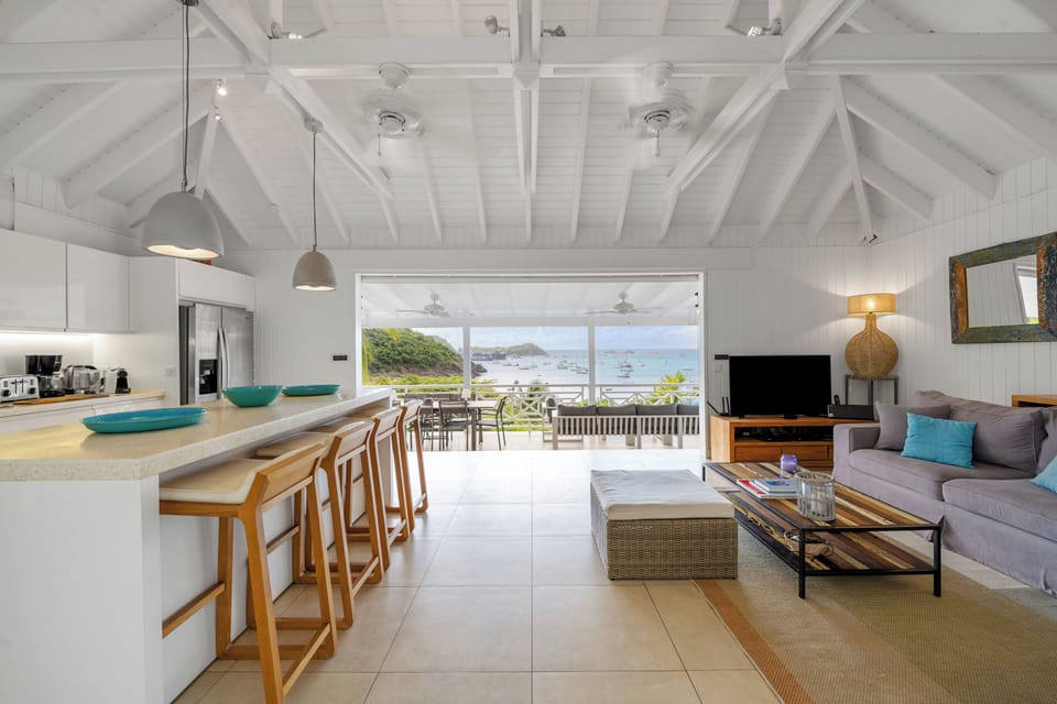 Ceiling fan, HD-TV, Dish Network, Apple TV. 
