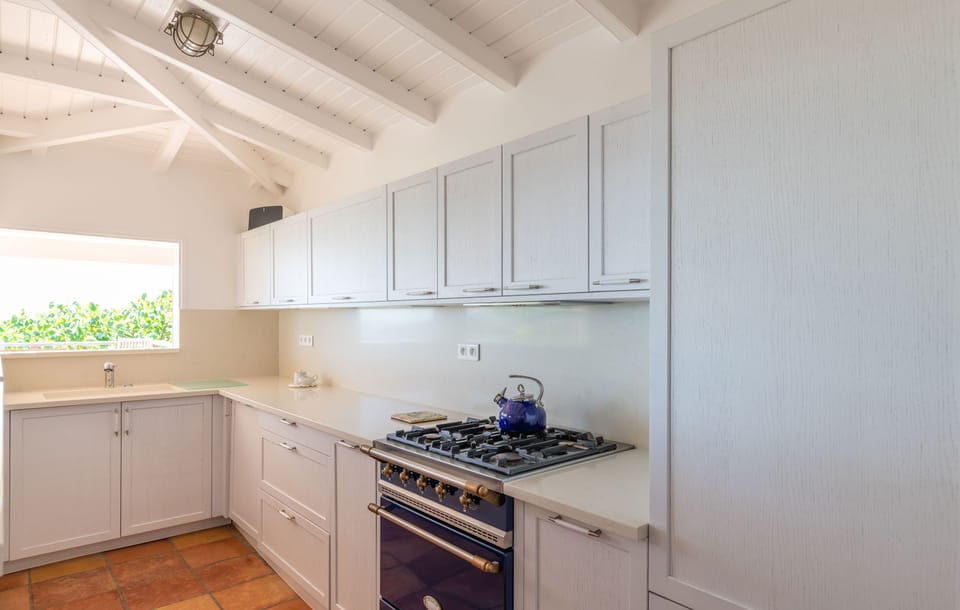 Fully equipped. Electric oven, gas stove, microwave, refrigerator, mixer, centrifuge, freezer, dishwasher, Nespresso machine, blender, kettle, toaster, breakfast bar. Large indoor dining table for 6 guests. Outdoor dining table on the covered terrace. 