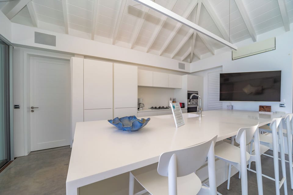 Modern and well equipped for eight people. Refrigerator, freezer with ice maker, gas hob, oven, electric kettle, microwave, filter coffee maker and espresso and Nespresso machine, blender, dishwasher, toaster. Dining table on the terrace. 