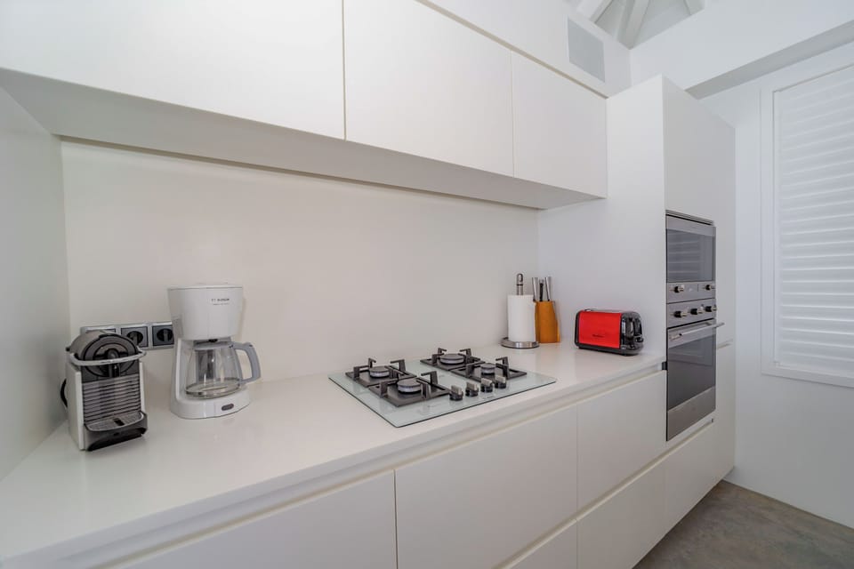 Modern and well equipped for eight people. Refrigerator, freezer with ice maker, gas hob, oven, electric kettle, microwave, filter coffee maker and espresso and Nespresso machine, blender, dishwasher, toaster. Dining table on the terrace. 