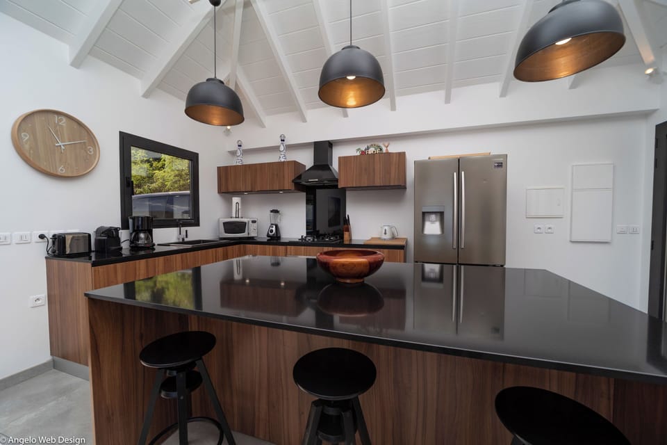 Modern kitchen equipped with a breakfast bar, electric oven, gas stove, fridge and freezer with ice maker, dishwasher, microwave, toaster, Nespresso coffee machine, blender, hood, electric kettle. Dining table for 6 people on the covered terrace. 