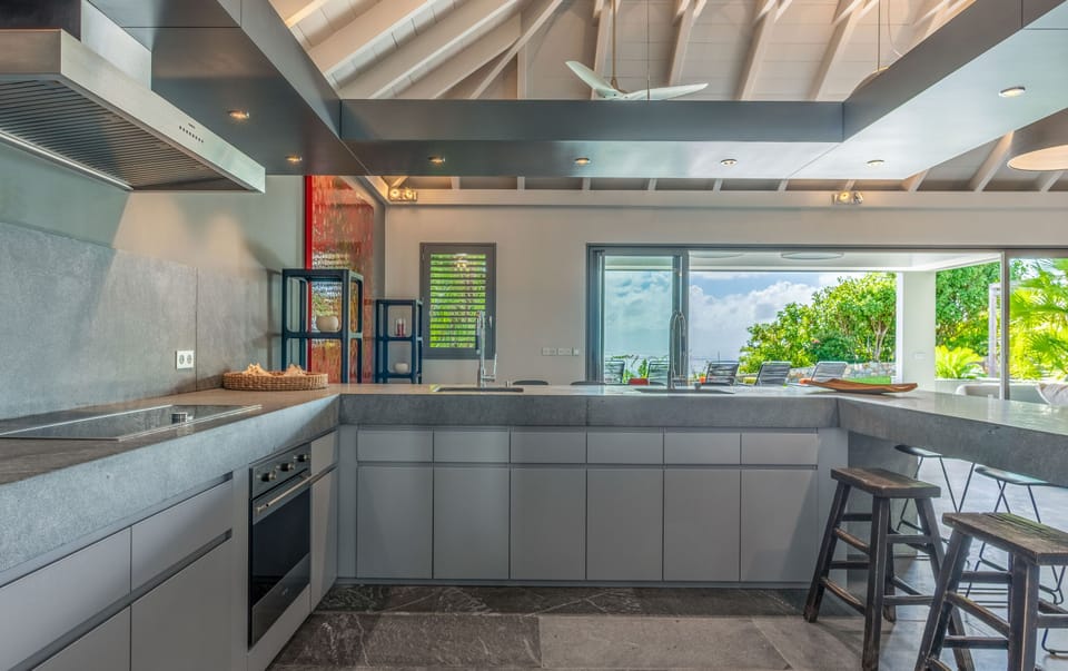 Fully equipped kitchen. Electric oven, gas stove, microwave, refrigerator, mixer, centrifuge, freezer, dishwasher, Nespresso machine, blender, kettle, toaster, breakfast bar with stools. Large dining table for 10 guests in the great room. 