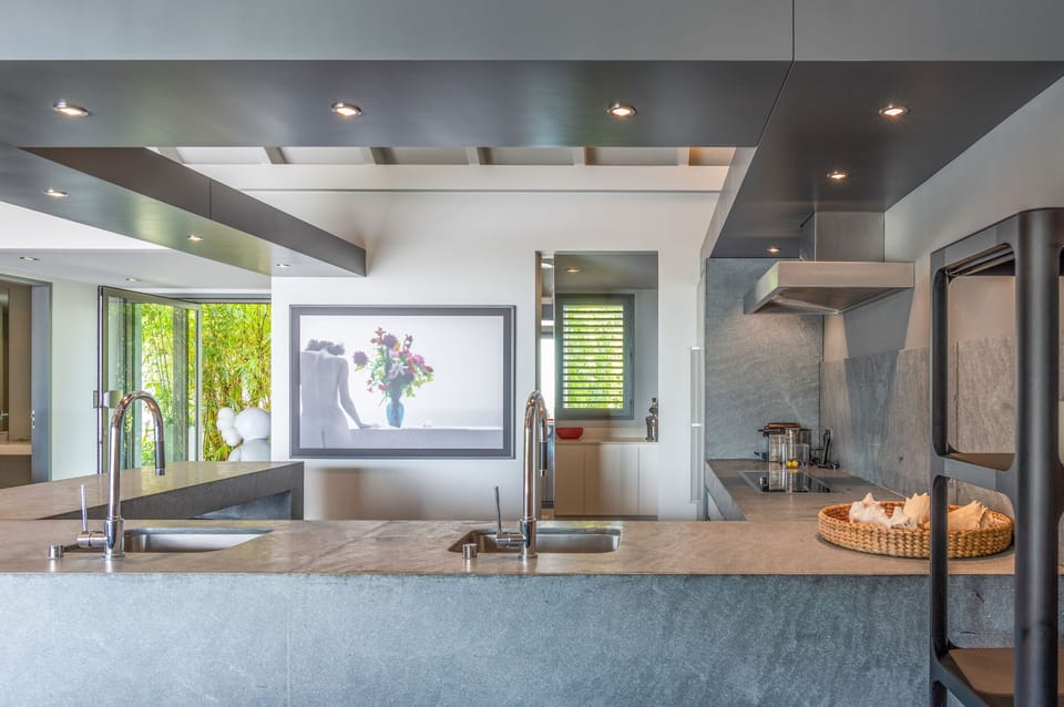 Fully equipped kitchen. Electric oven, gas stove, microwave, refrigerator, mixer, centrifuge, freezer, dishwasher, Nespresso machine, blender, kettle, toaster, breakfast bar with stools. Large dining table for 10 guests in the great room. 