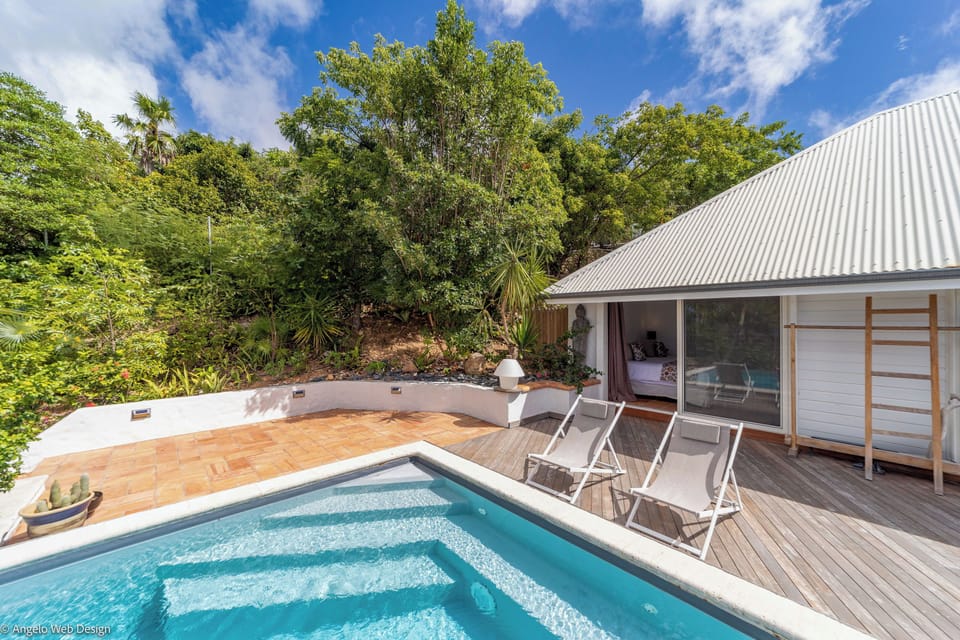 Nice pool pool with steps, expansive terrace, sun loungers. 