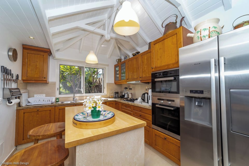 Fully equipped kitchen, fridge, freezer, oven, microwave, dishwasher, blender, kettle, Nespresso coffee machine, toaster. Dining table for six people on the covered terrace. 