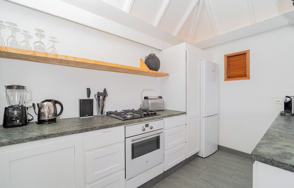 Air-conditioned, modern and well equipped for six people. Refrigerator, freezer with ice maker, gas hob, oven, electric kettle, microwave, filter coffee maker and espresso and Nespresso machine, blender, dishwasher, toaster. Dining table for 6 guests. 