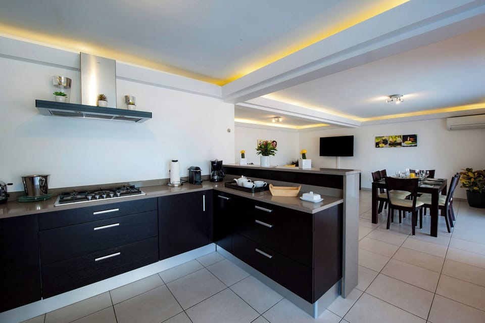 Fully equipped air-conditioned kitchen with electric oven, induction cooker, microwave, fridge and freezer, dishwasher, toaster, coffee maker, blender, electric kettle. Outdoor table on the covered terrace. 