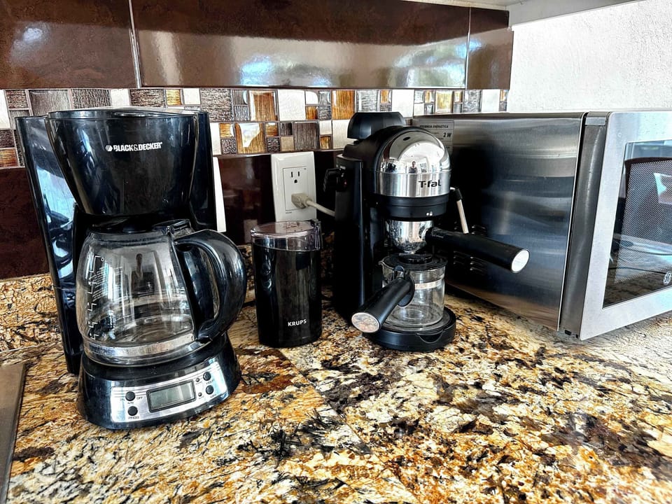 Coffee maker, coffee grinder, espresso machine, microwave, and large toaster oven (not pictured: blender, salad spinner, mixing bowls, Tupperware, etc.)
