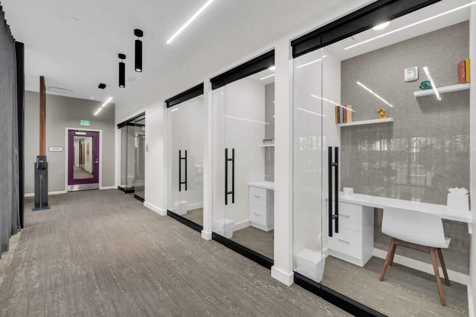 This studio is perfect for remote work with three dedicated work pods in the lobby that are perfect for Zoom meetings.