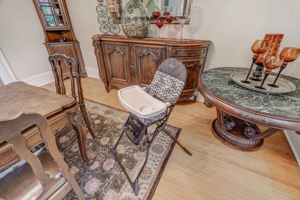 Family-Friendly Features: High Chair, Beautiful Furnishings, and Impressive Woodwork