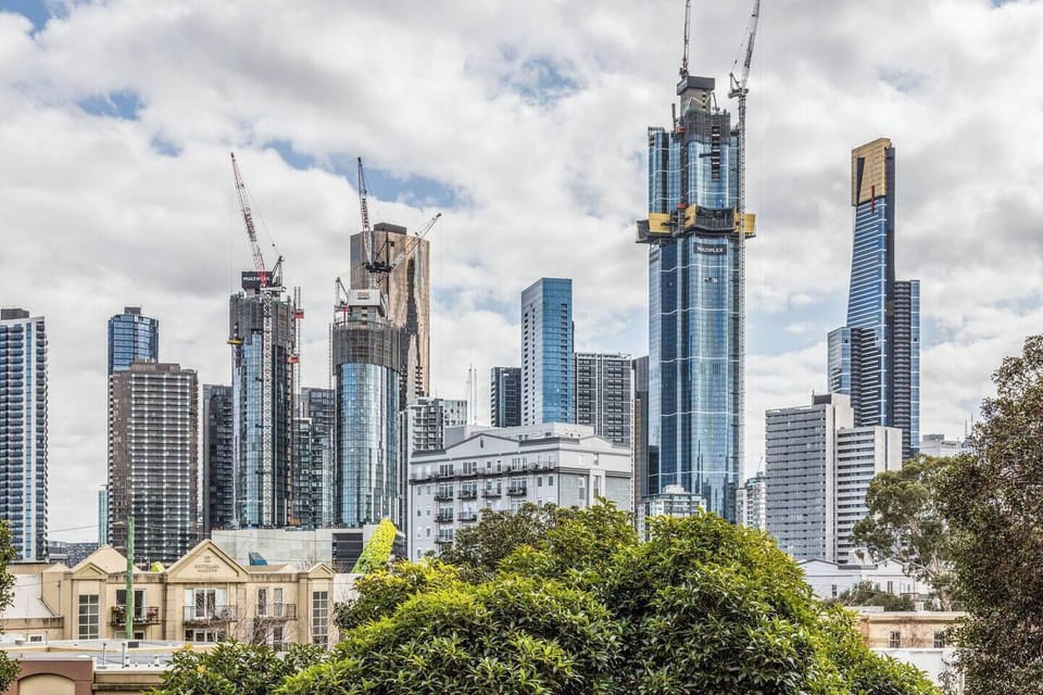Melbourne City sky scrapers can be seen from this apartment building, including the iconic 108 building