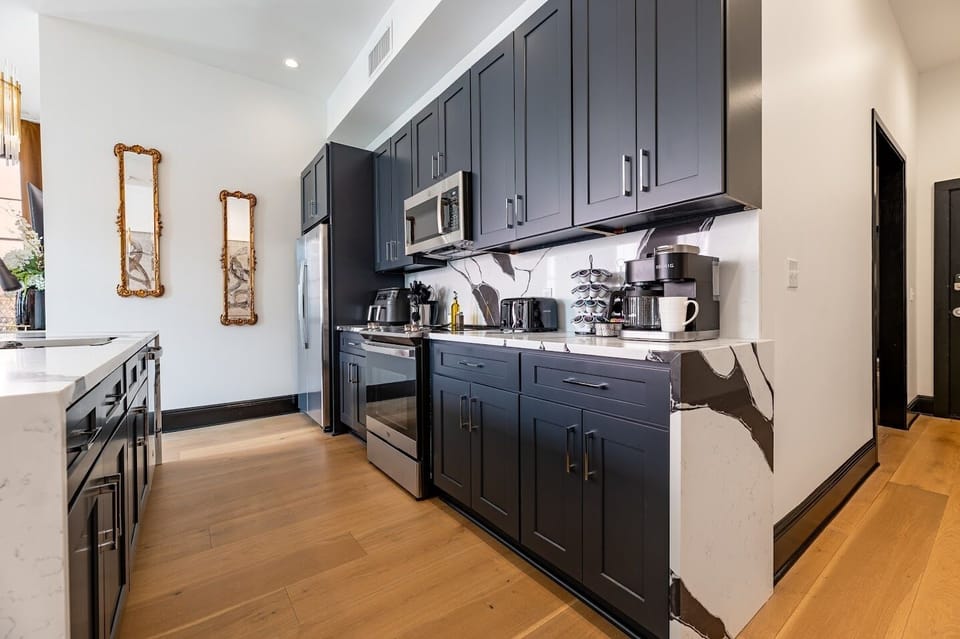 Living area features queen-size sleeper sofa
Dining at table for 8
Dining at counter for 4
Kitchen is fully stocked with all cooking essentials