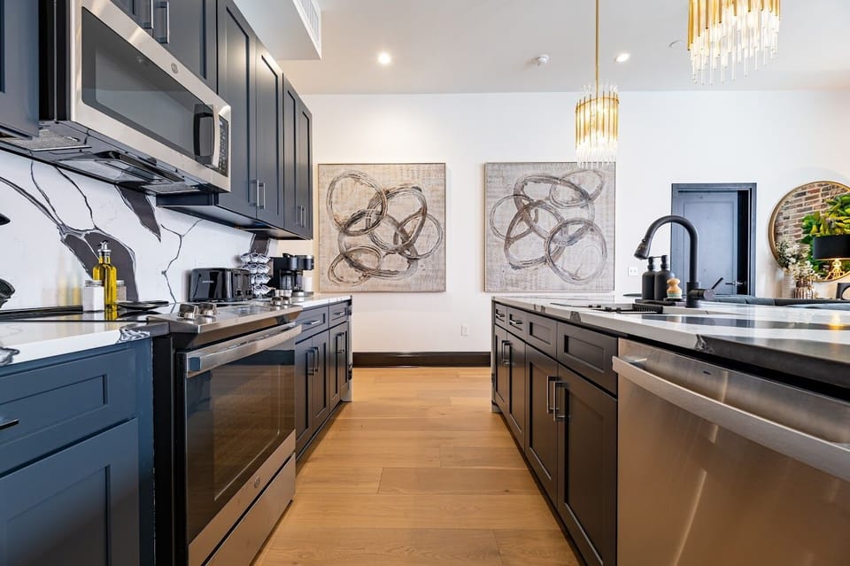 Living area features queen-size sleeper sofa
Dining at table for 8
Dining at counter for 4
Kitchen is fully stocked with all cooking essentials