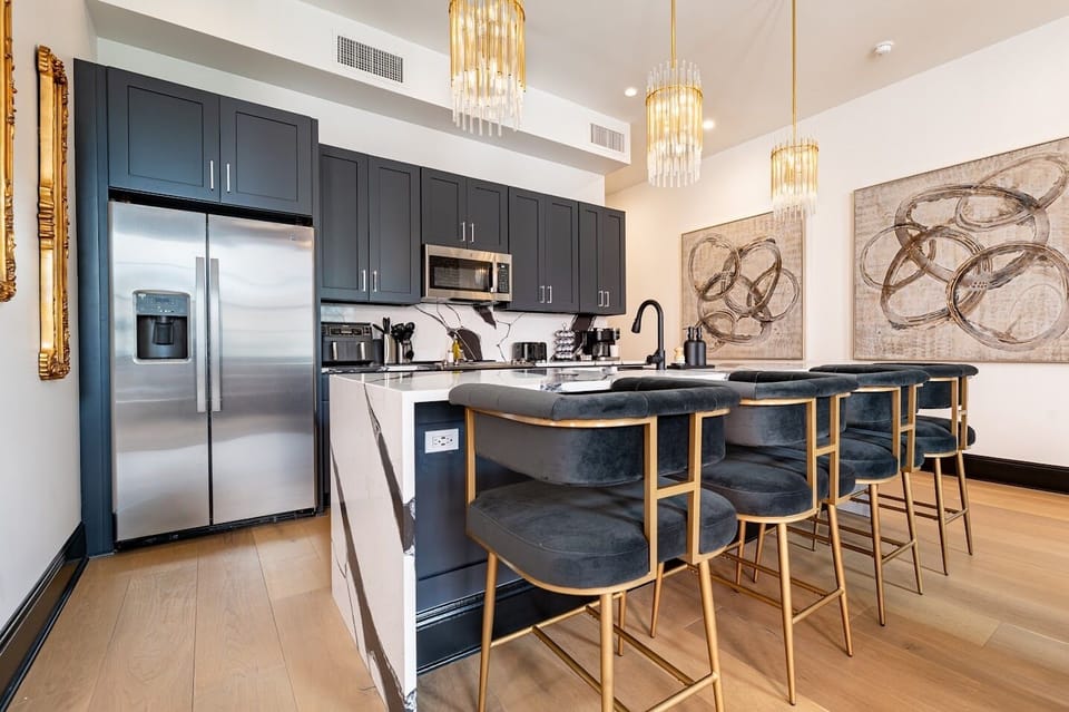 Living area features queen-size sleeper sofa
Dining at table for 8
Dining at counter for 4
Kitchen is fully stocked with all cooking essentials