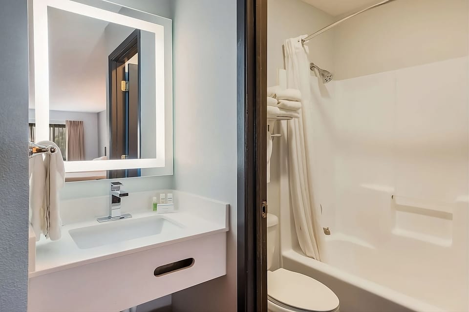 Freshen up in a bright bath with modern vanity lighting.