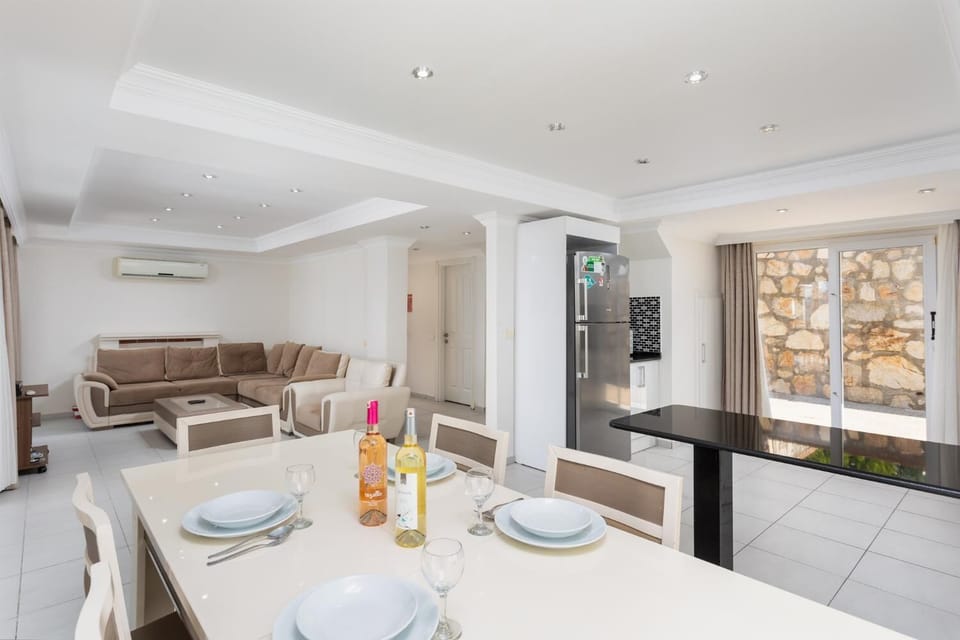 Open-plan living room with sofas, dining area, kitchen, ornamental fireplace, A/C, WiFi internet, and satellite TV