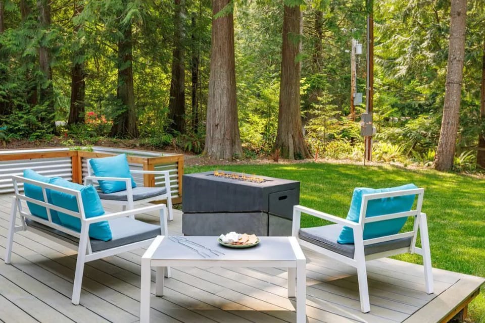 Outdoor fire table for relaxing, enjoying the scenery, and making s'mores.