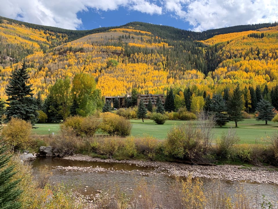 A scenic view of a grassy area with trees in autumn colors, a river in the foreground, and mountains in the background under a partly cloudy sky.