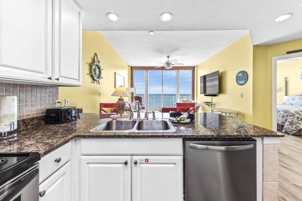 Pour your favorite drink to bring out onto the balcony to take in sunset views