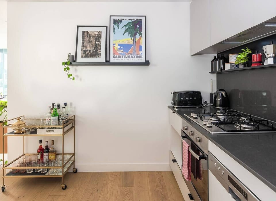 The apartment comes equipped with a bar trolley, perfect for entertaining and accompanying the great view with a summer cocktail.