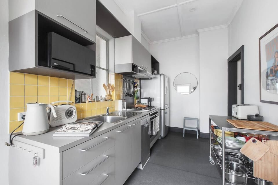 The kitchen is equipped for all your cooking needs, and fitted with a fridge, stove, oven, microwave, kettle and coffee maker.