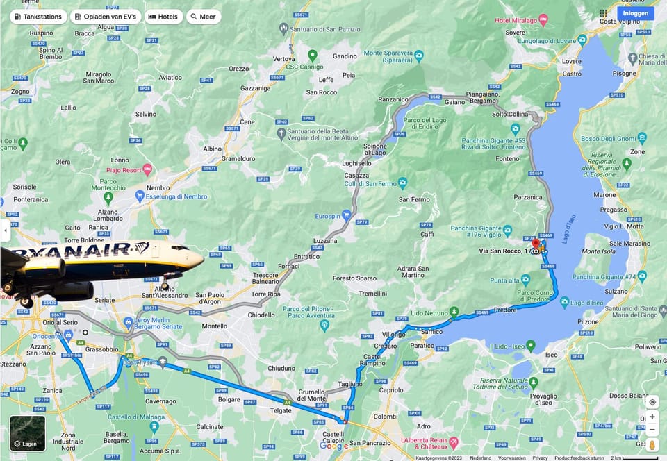 Low cost airline to Milano Bergamo (45 minutes from Casa Lago)