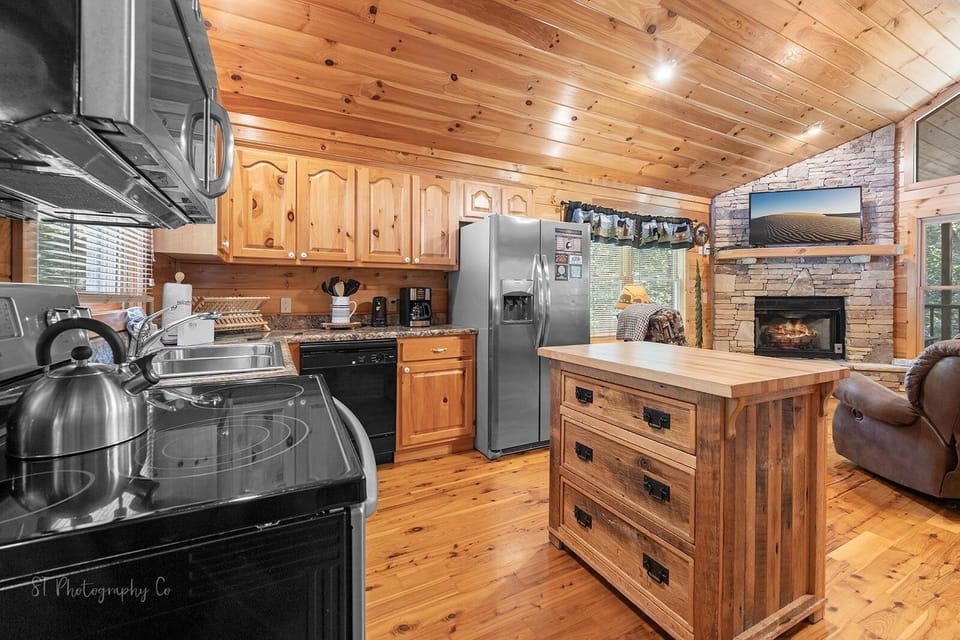 Indoors, Hardwood, Kitchen, Fireplace, Stained Wood