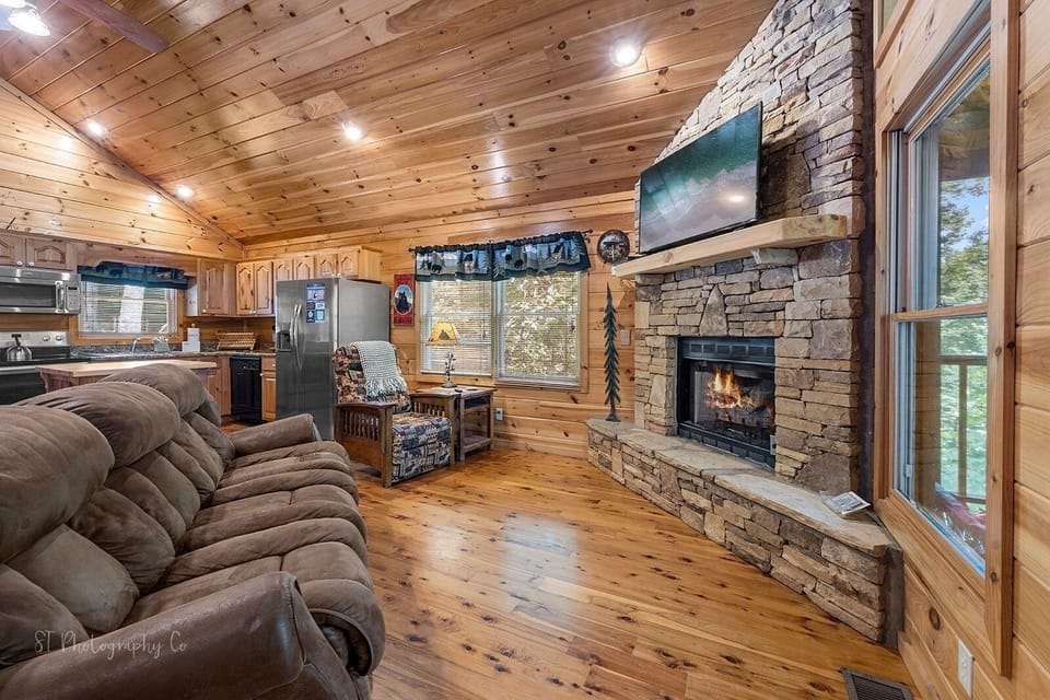 Indoors, Hardwood, Fireplace, Stained Wood, Refrigerator