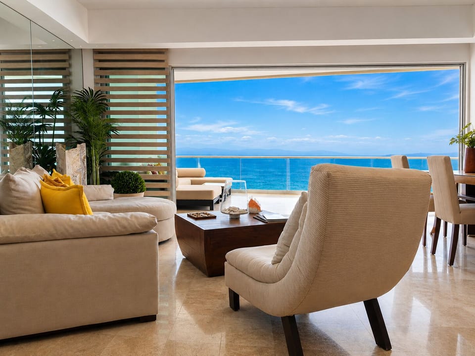 Coastal luxury living room with ocean view
