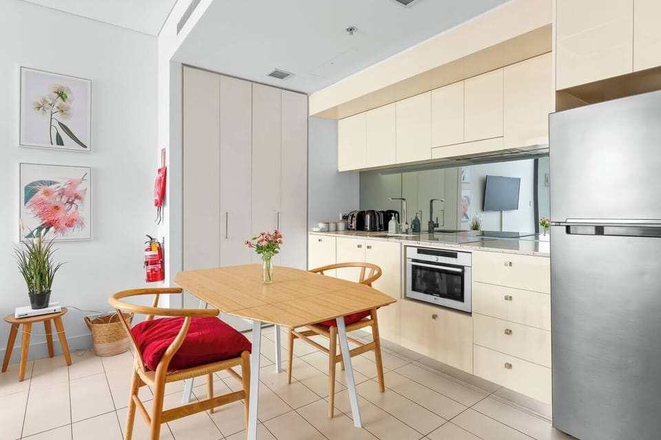 There is a dining table in the living space where you can enjoy a meal at home, or use it as a workstation. 