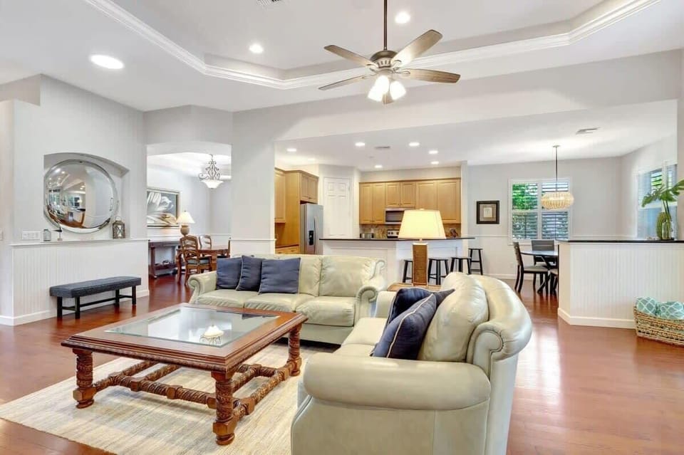The family room and kitchen seamlessly flow into one another