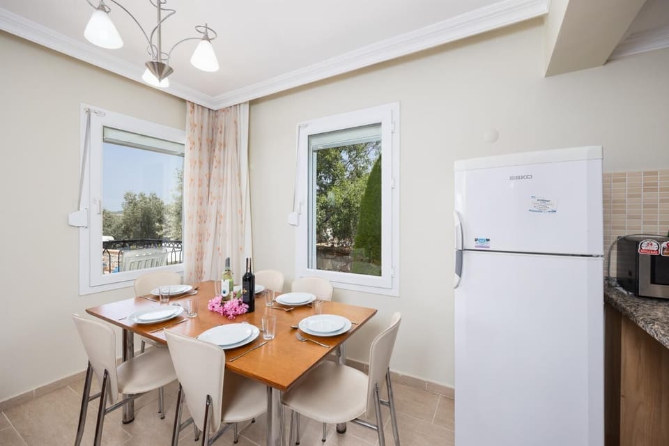 Open-plan living room with sofas, dining area, kitchen, ornamental fireplace, A/C, WiFi internet, and satellite TV