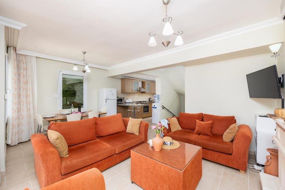 Open-plan living room with sofas, dining area, kitchen, ornamental fireplace, A/C, WiFi internet, and satellite TV